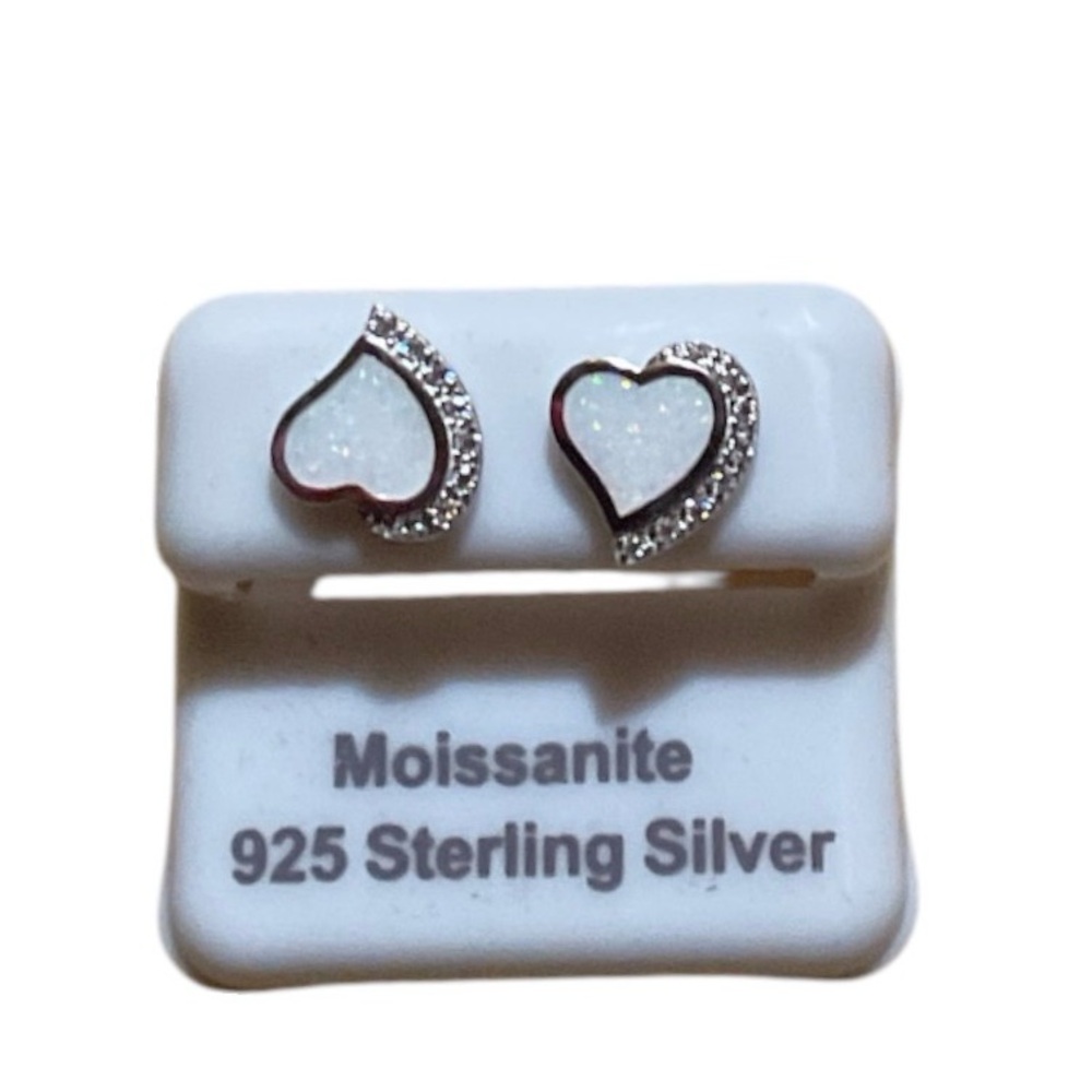 Genuine Moissanite & Opal Sterling Silver 925 Heart Earrings NWT